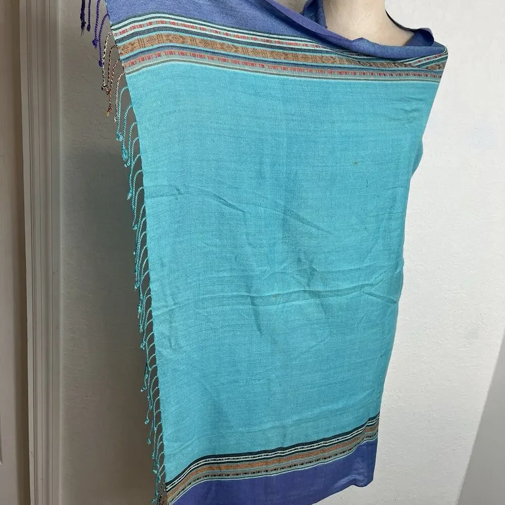 Blue Pashmina Scarf Wrap Unbranded Tassels at ends, Bohemian, Coastal, Travel